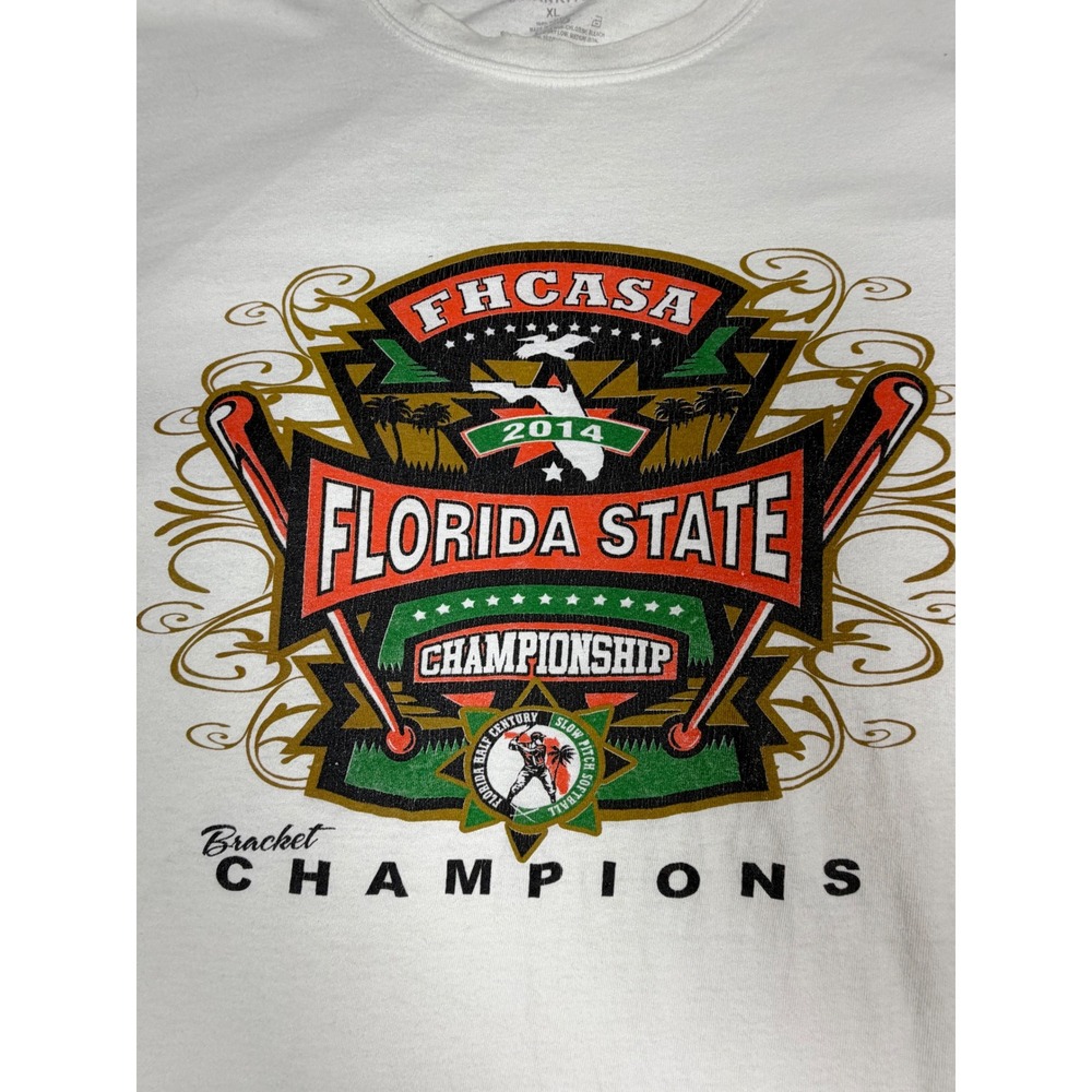 Harriton Mens XL White 2014 Florida State Championship Softball Graphic T-Shirt